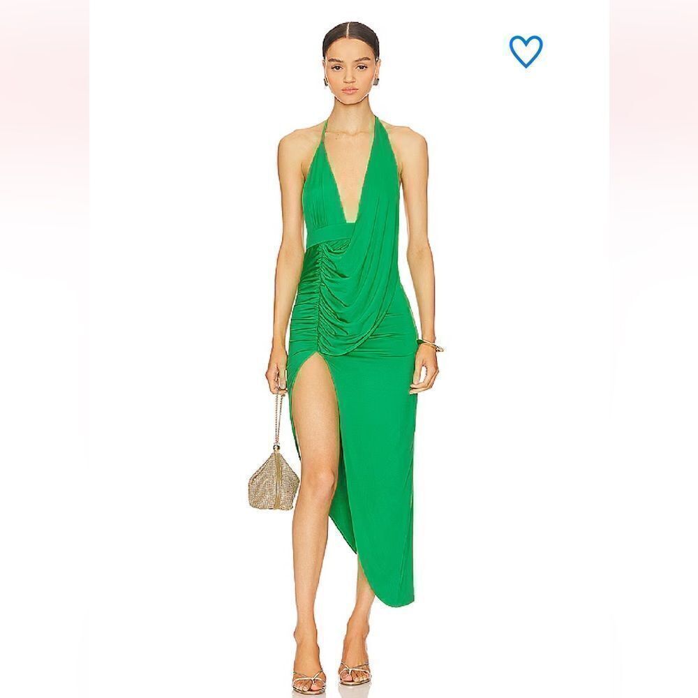 Superdown Mia draped slit dress midi slip bright green halter party Revolve S